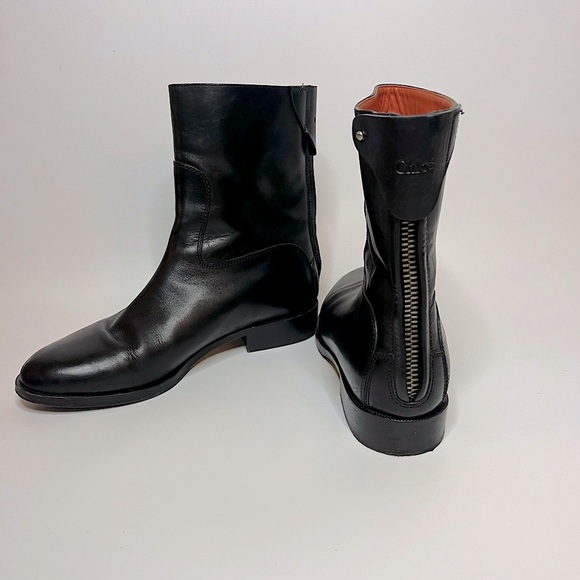 Chloe Shoes - CHLOE Leather Boots, combat style with zipper calf height orange lining sz 37.5